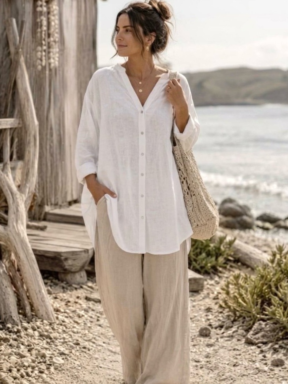Sigred Olson White Linen V Neck Oversized Tunic Top Beach Cover Up XL Vacation